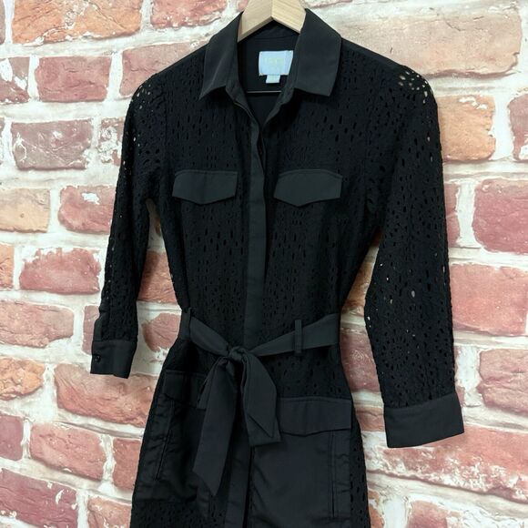 Cece Dress Women's Size 0 Black Embroidered Floral Lace Tie Waist Button Front - Picture 4 of 8